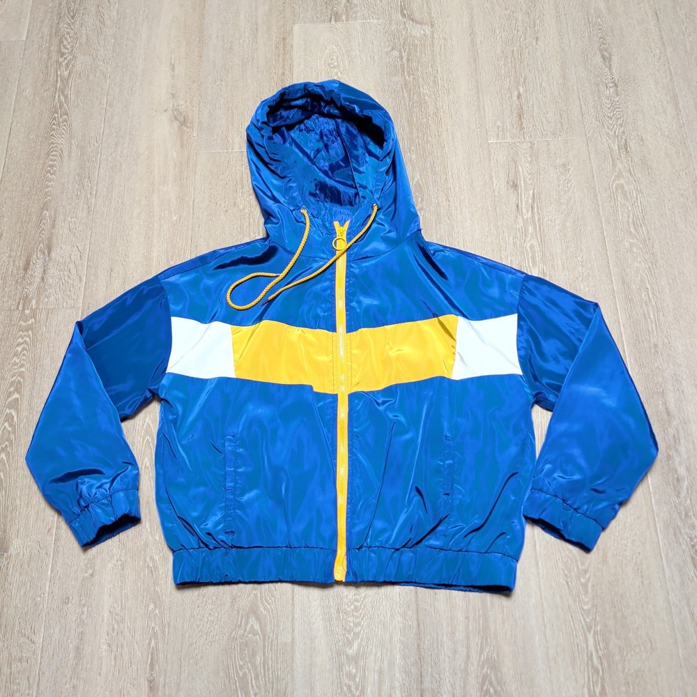 Outer Edge Adult XL Blue Yellow Colorblock Hooded‎ Windbreaker Full Zip Jacket
